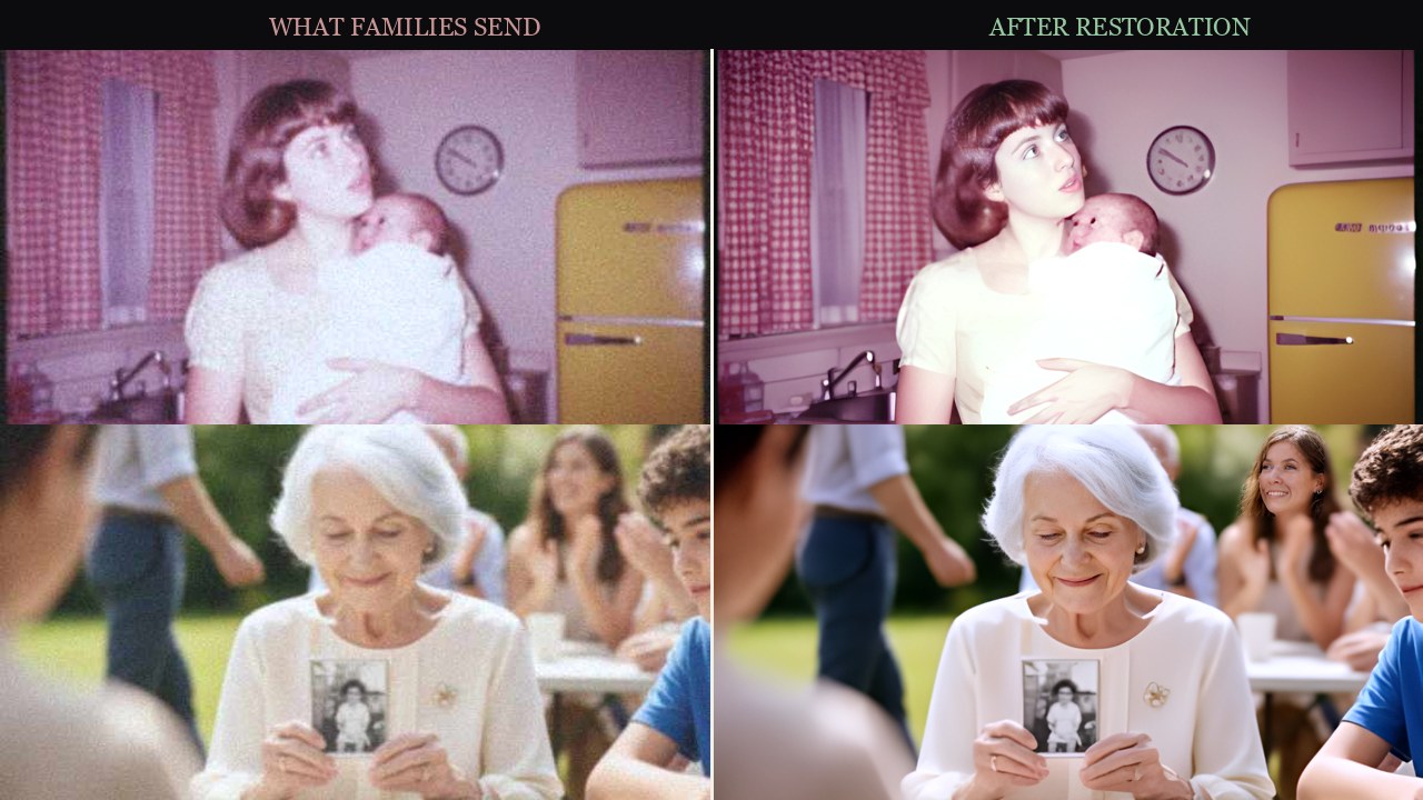 Before-and-after photo restoration: three degraded family photos on the left, the same photos restored and color-corrected on the right.